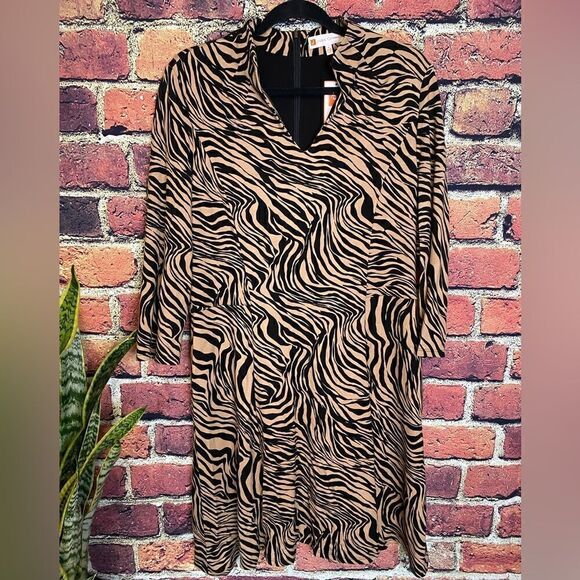 Jude Connally Black Tan Animal Print Stretch Midi Oversized Dress Size M - Picture 3 of 16